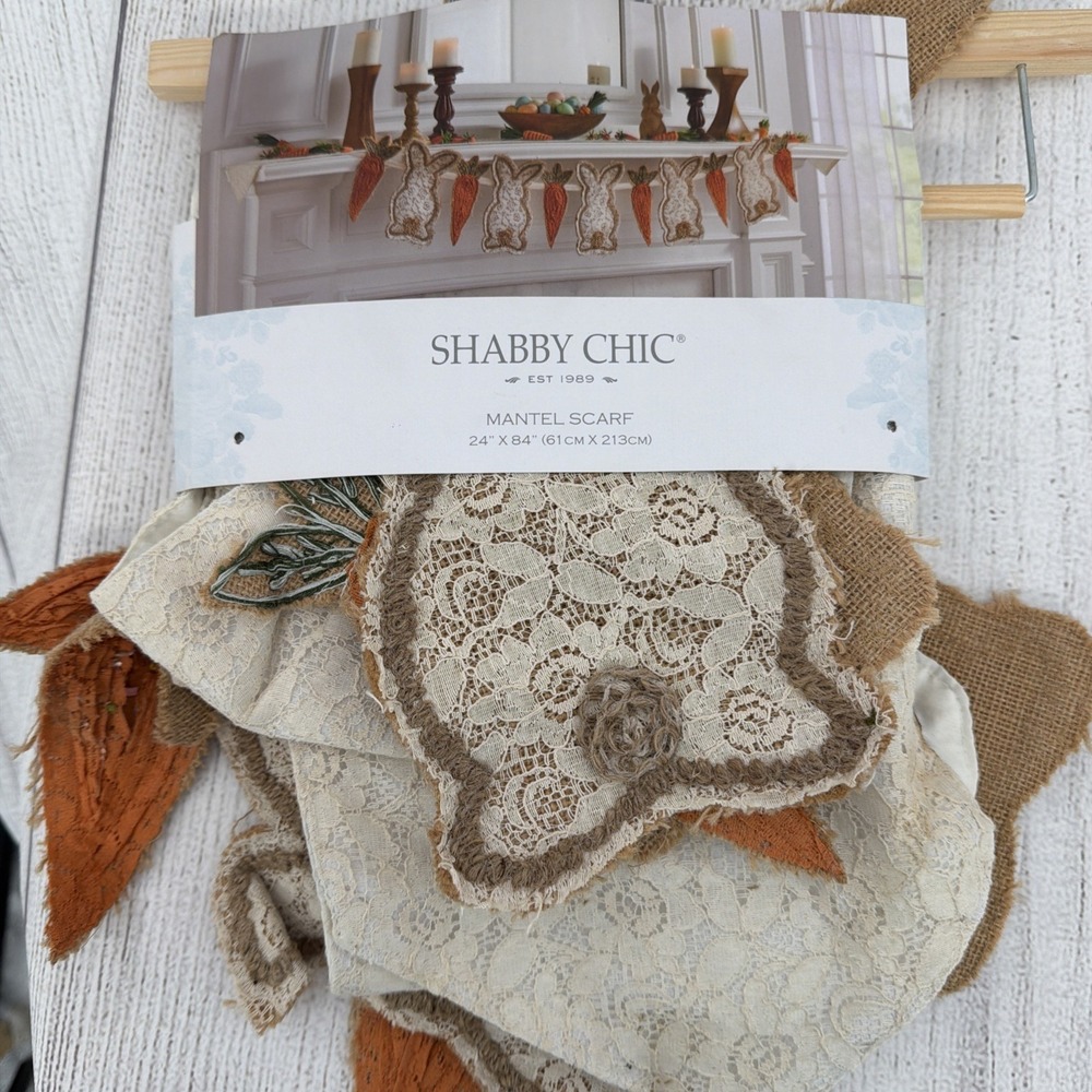 Shabby Chic Mantel Scarf 24x84 Cream Brown Easter Bunny Rabbit Carrot Lace Jute